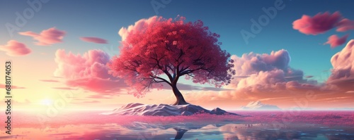 the sunset with red tree in the background