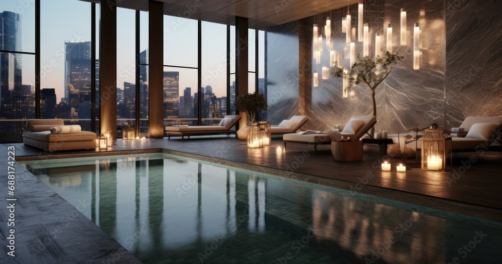 Fototapeta premium there is a pool in front of buildings in a room,