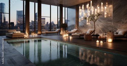 there is a pool in front of buildings in a room 