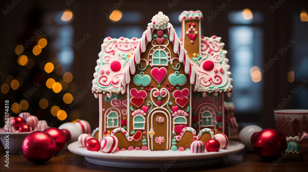 Naklejka premium Creative and Inviting Gingerbread House Decorated with Colorful Candy: A Festive Masterpiece