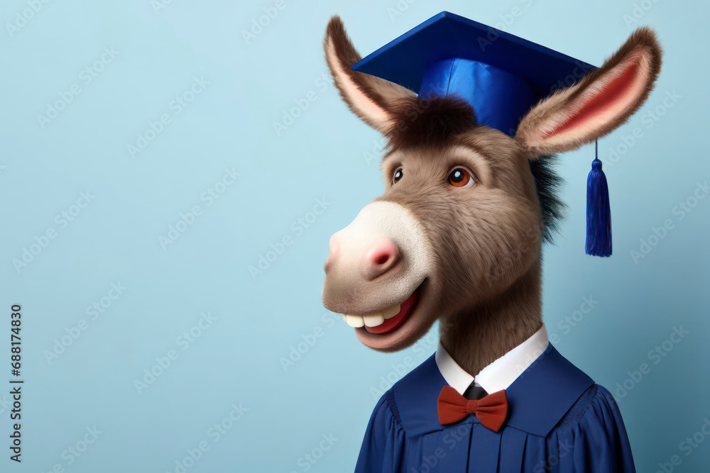Donkey with graduation hat a stupid smile on solid blue background. ai generative - obrazy, fototapety, plakaty 