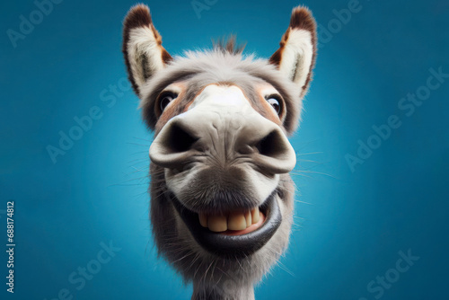 Donkey with a stupid smile closeup, wide angle gopro shot on solid blue background. ai generative photo