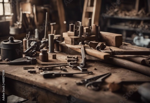 An old brick shed type wood worker or carpenters work place with old tools