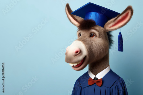 Donkey with graduation hat a stupid smile on solid blue background. ai generative photo