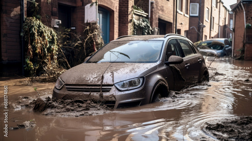 Car in a flooded street after heavy rain