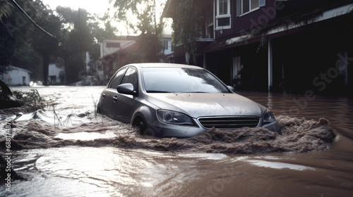 Car in a flooded street after heavy rain