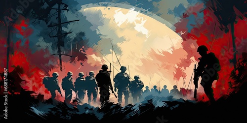Soldiers on the battlefield under a full moon.