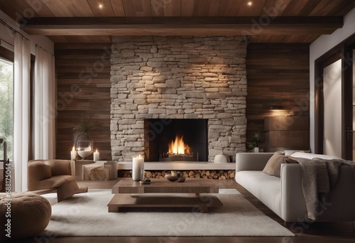Front view of a natural stone wall in a house with the fireplace in front wooden beams and floors