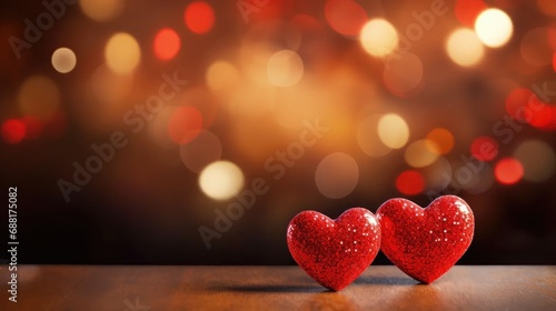 enchanting Valentine's Day greeting card featuring two vibrant red hearts amidst a backdrop of beautiful bokeh lights. Ideal for expressing love, capturing emotions, and creating a romantic atmosphere