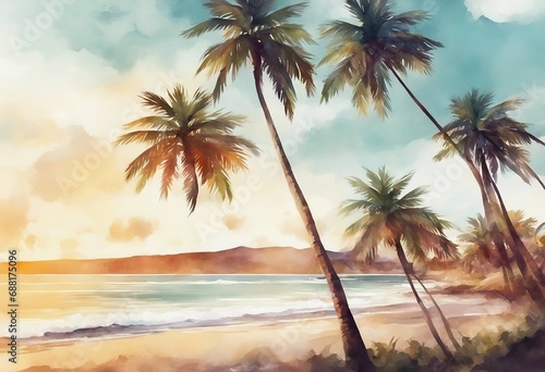 Holiday summer travel vacation illustration - Watercolor painting of palms palm tree on teh beach w