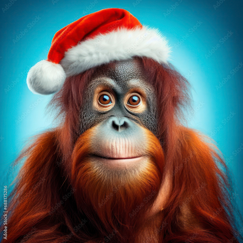 Portrait of a orangutan monkey wear santa hat with surprised expression on a blue bright background. ai generative Portrait of a orangutan monkey wear santa hat with surprised expression on a blue bright background. ai generative