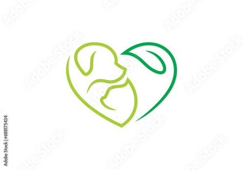 dog and cat logo design. pet care white leaf linear style concept element symbol vector illustration.	