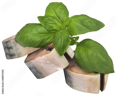 Mackerel with basil leaves photo