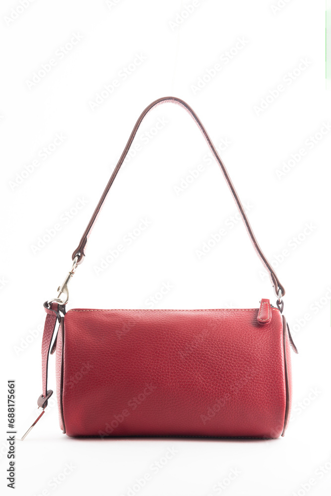 Red leather baguette bag for woman.
