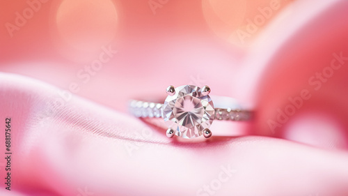 Jewellery, proposal and holiday gift, diamond engagement ring on pink silk fabric, symbol of love, romance and commitment