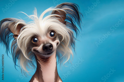 Studio portrait of a chinese crested with a surprised face on a blue bright background. ai generative © Igor