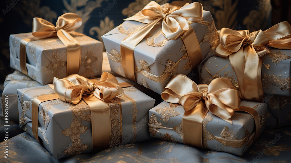 Festive Array of Gifts Wrapped in Gold and Silver Paper, Elegantly Decorated for Celebrations Festive Array of Gifts Wrapped in Gold and Silver Paper, Elegantly Decorated for Celebrations