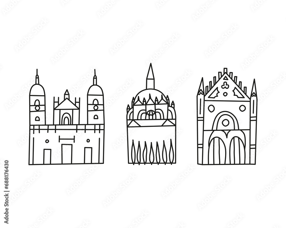 Doodle outline cathedral buildings.