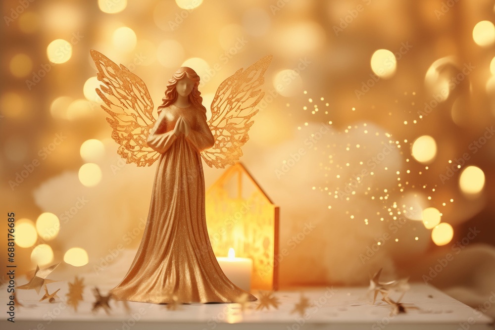 Fototapeta premium christmas card with angel figurine and lights