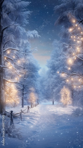 a snow-covered winter landscape adorned with twinkling Christmas lights  capturing the magical essence of the holiday season for a stunning Christmas wallpaper.