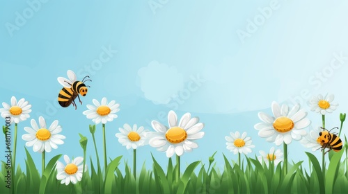 charming cartoon scene: daisy flower and bee in vibrant vector illustration, perfect for adorable wall art decor