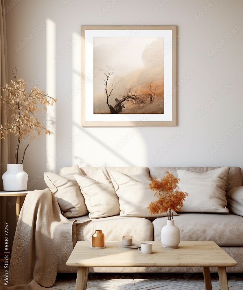 Fototapeta premium Interer home, apartment, wall painting template, poster, living room interior with fireplace