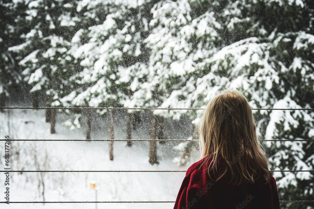 Ein kleines Mädchen steht am Fenster uns beobachtet den Schneefall
Ein kleines Mädchen steht am Fenster uns beobachtet den Schneefall