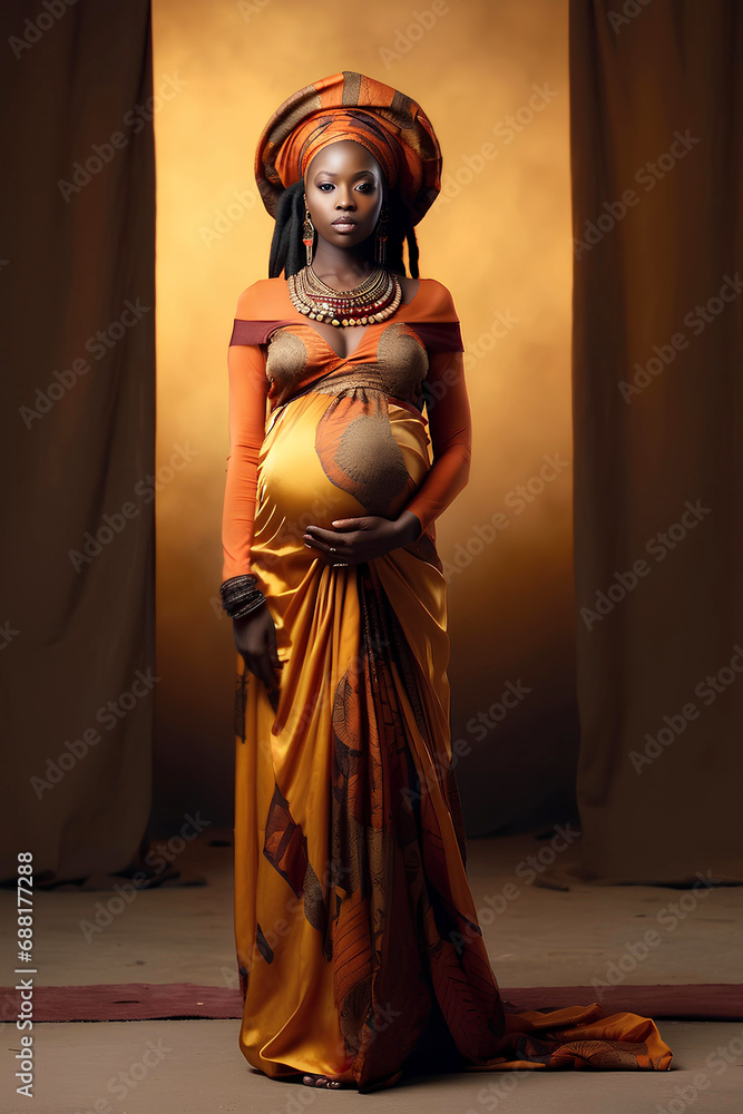 Beautiful african pregnant woman in orange dress. Pregnancy, maternity concept