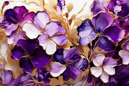 Marble abstract background with purple flowers. Acrylic paint. Decoration for wallpaper desktop, poster, cover booklet	