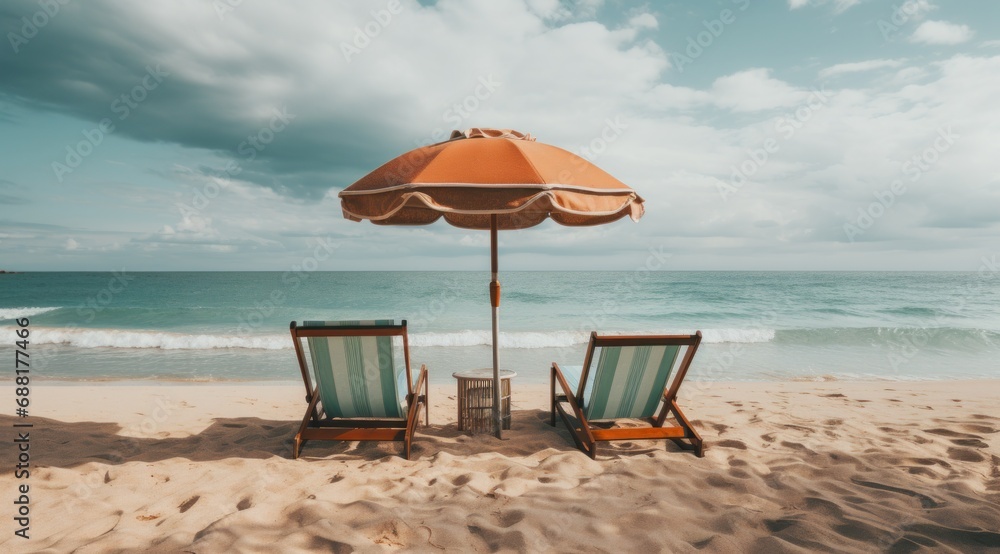 two chairs on the beach under umbrella,