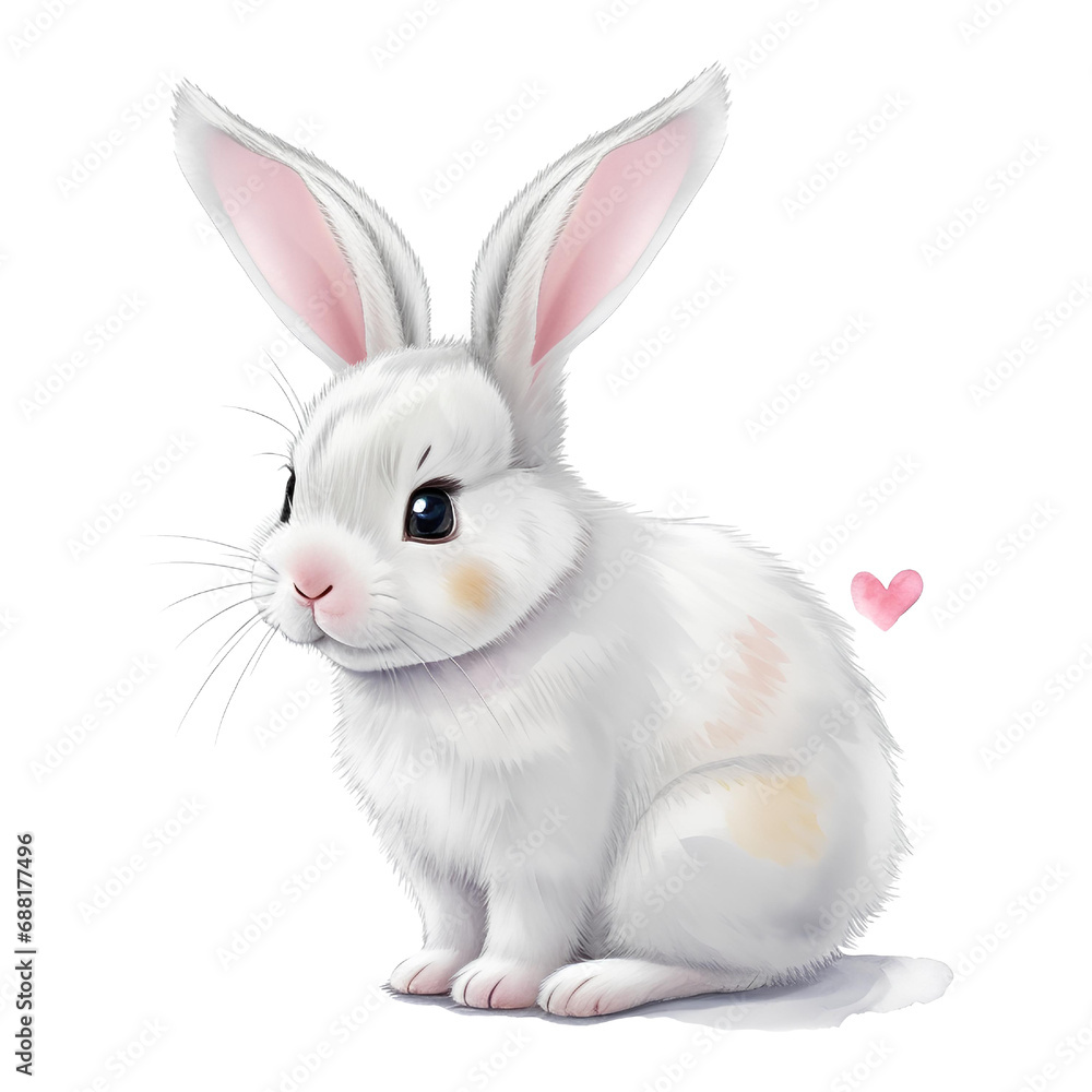 Cute white rabbit isolated on a white background. Easter bunny. Watercolor illustration