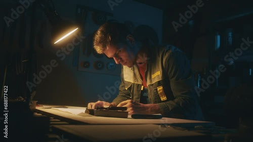 A metallurgical industry worker works on a prototype drawing on a steel table in a dark workshop with full equipment. Engineer working indoors on new product prototype in metal manufactory. 4K photo