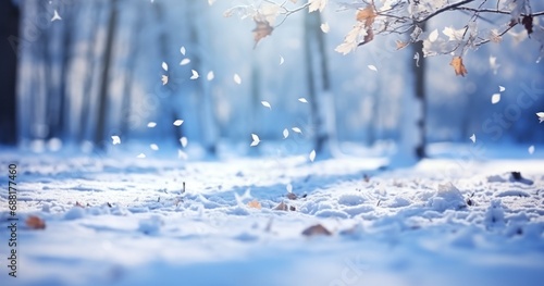 twigs, tree branches and snow covering the ground winter background