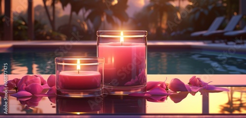 two candles sitting right next to a pool,
