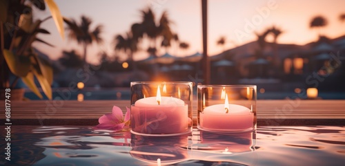 two candles sitting right next to a pool,