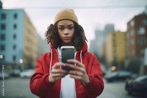 A teenage girl with curly hair and a red hoodie holds her phone in her hand, with a defiant and nonconformist look. No more Digital Harassment on social media photo