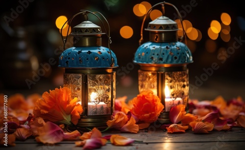 two lamps with flowers around them, and candle light,
