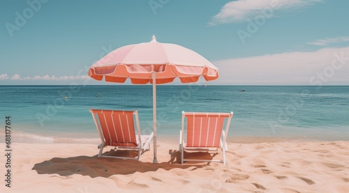 two lounge chairs on the beach with an umbrella,