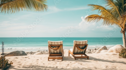 two lounge chairs on a beach surrounded by palm trees 