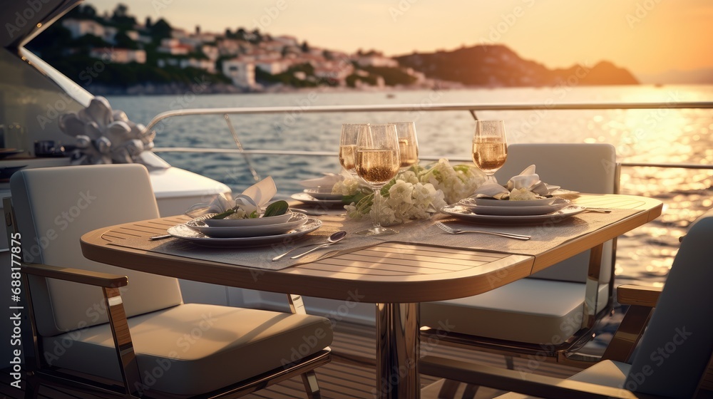 a romantic lunch on a motor yacht, a luxurious dining setup with attention to detail, capturing the ambiance and elegance of the moment in a minimalist, modern style.