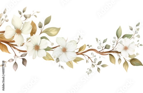 watercolor illustration of white flowers on a tree branch 