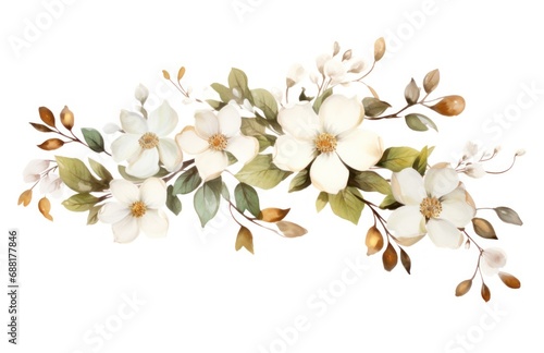 watercolor illustration of white flowers on a tree branch,