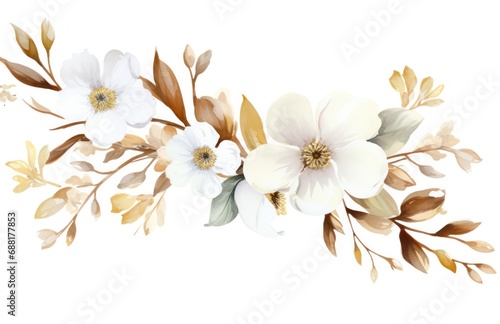 watercolor illustration of white flowers on a tree branch, © olegganko