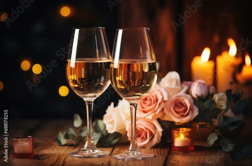 wine glasses with rose and candle on the table 