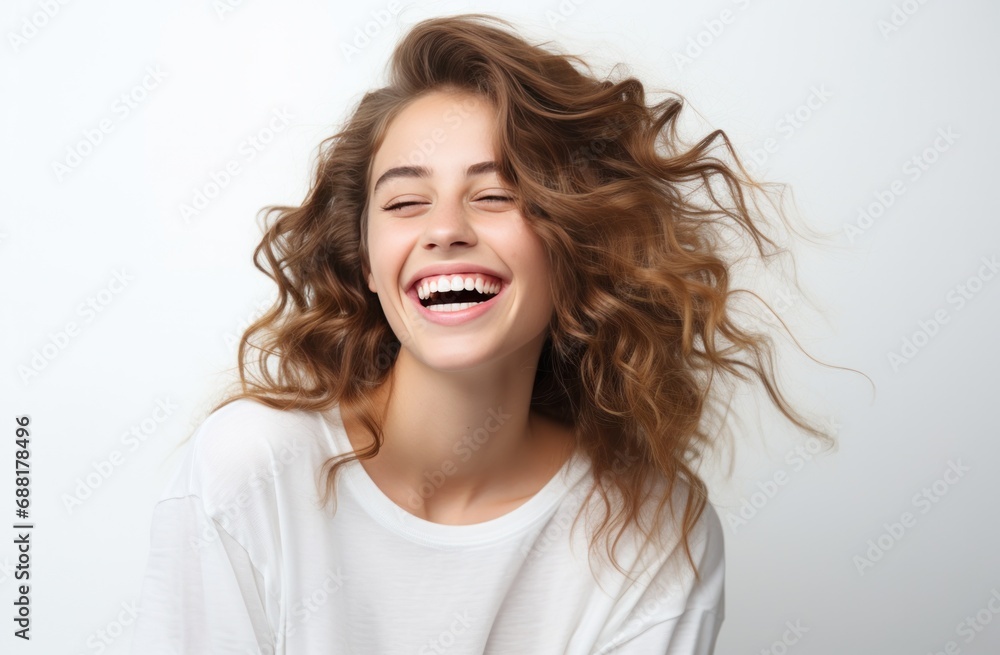 young woman laughing on white background young woman laughing on white background