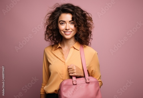 young woman in pink shirt smiling and holding a pink bag,