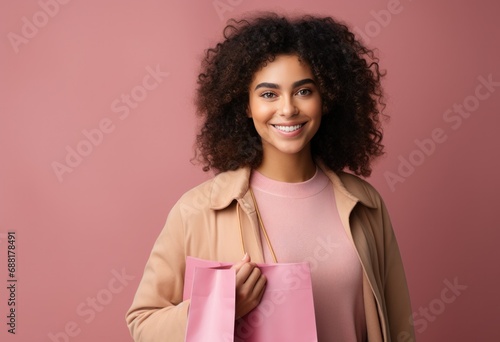 young woman in pink shirt smiling and holding a pink bag,