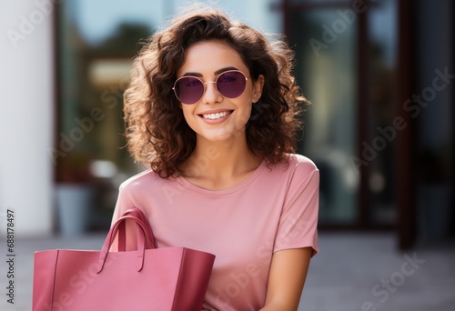 young woman in pink shirt smiling and holding a pink bag,