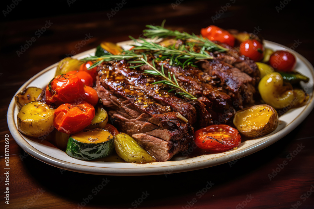 Tender pieces of grilled marinated steak with a mixture of roasted vegetables: bell peppers, zucchini, potatoes,cherry tomatoes, with an aromatic herb-infused sauce. Tender pieces of grilled marinated steak with a mixture of roasted vegetables: bell peppers, zucchini, potatoes,cherry tomatoes, with an aromatic herb-infused sauce.