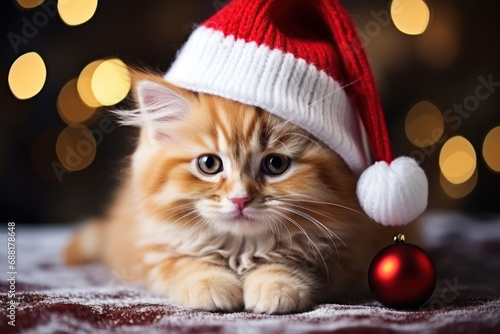 Cute fluffy kitten in Santa red hat for Christmas holiday postcards, seasonal background